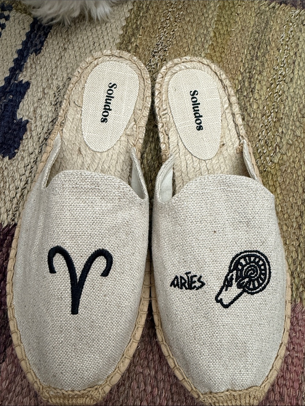 Soludos Natural Canvas Aries Espadrille Mules with Black Embroidery